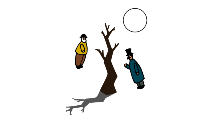 Illustrazione articolo: due figure e un albero sotto la luna, formato orizzontale